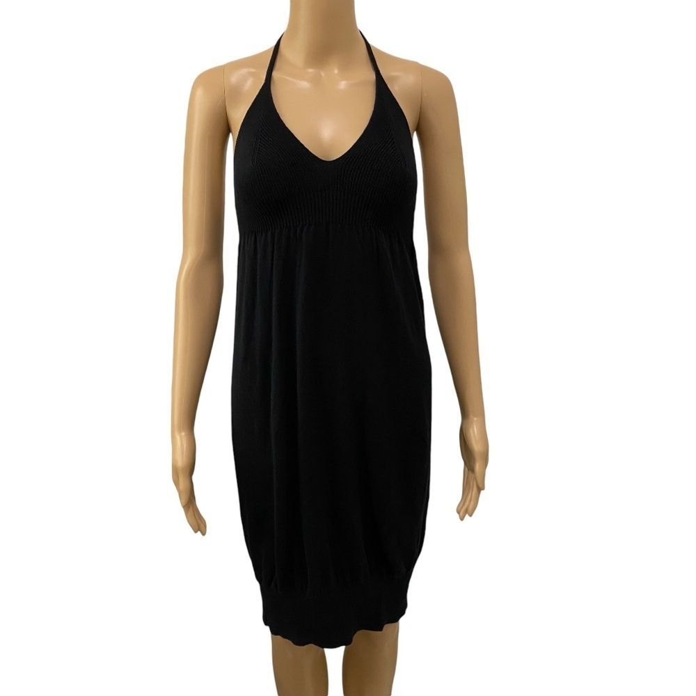 Benetton 100% Cotton Open Back Adjustable Tie Neck Halter Knit Dress Black M